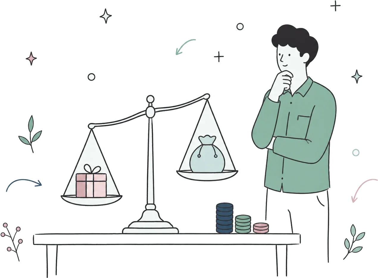 An illustration of a balance scale weighing a gift box against a coin purse, watched by a thinking figure.