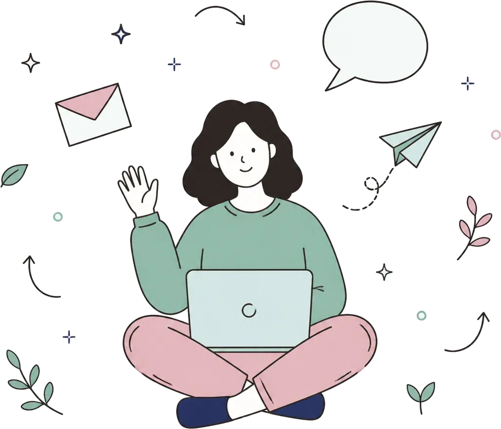An illustration of a person sitting with a laptop, waving, with a drawn envelope and paper aeroplane floating nearby.