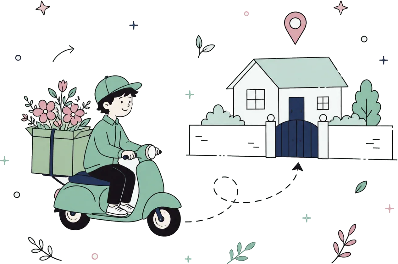 An illustration of a courier on a scooter carrying a box of flowers towards a suburban house.