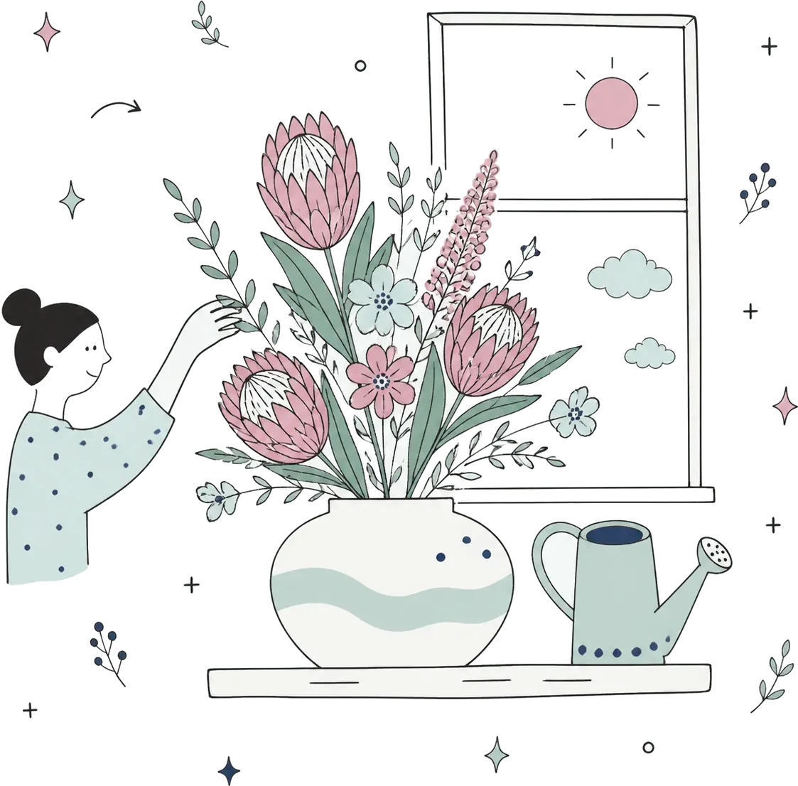 An illustration of proteas and garden flowers arranged in a wide vase on a windowsill.