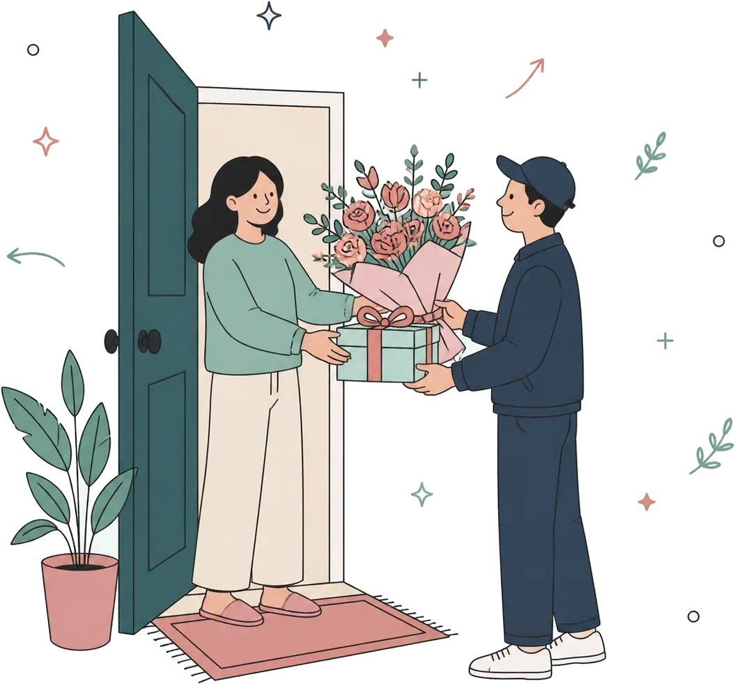 An illustration of a person receiving flowers and a parcel from a courier at their front door.