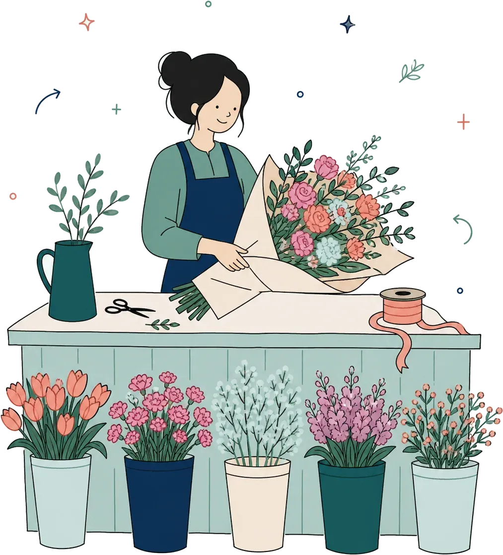 An illustration of a florist wrapping a large bunch of flowers behind a counter.