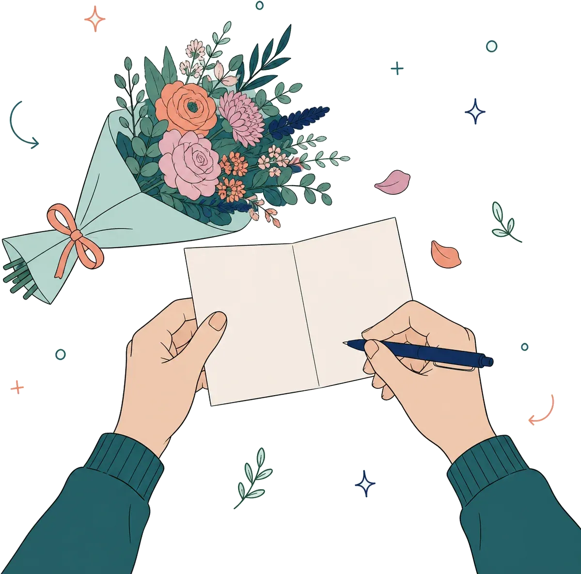 An illustration of a pair of hands writing on a small blank gift card beside a wrapped bouquet.