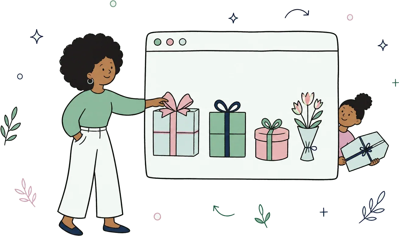 An illustration of a woman choosing between gift boxes and flowers shown inside a drawn browser window.