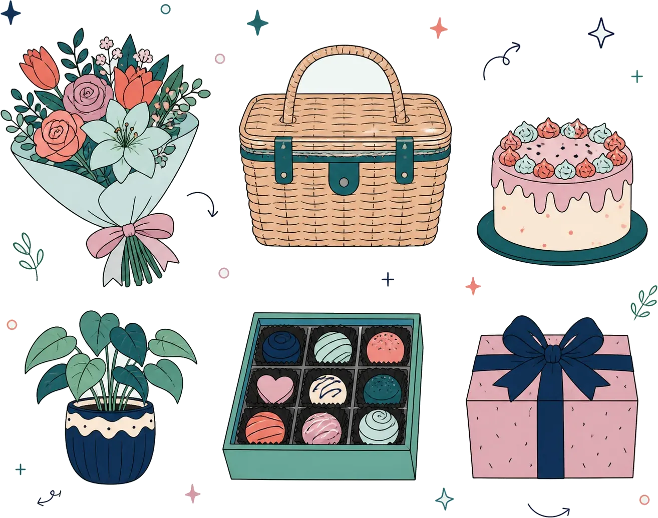 An illustration of flowers, a hamper, a cake, a plant, a box of chocolates and a wrapped gift laid out in a row.