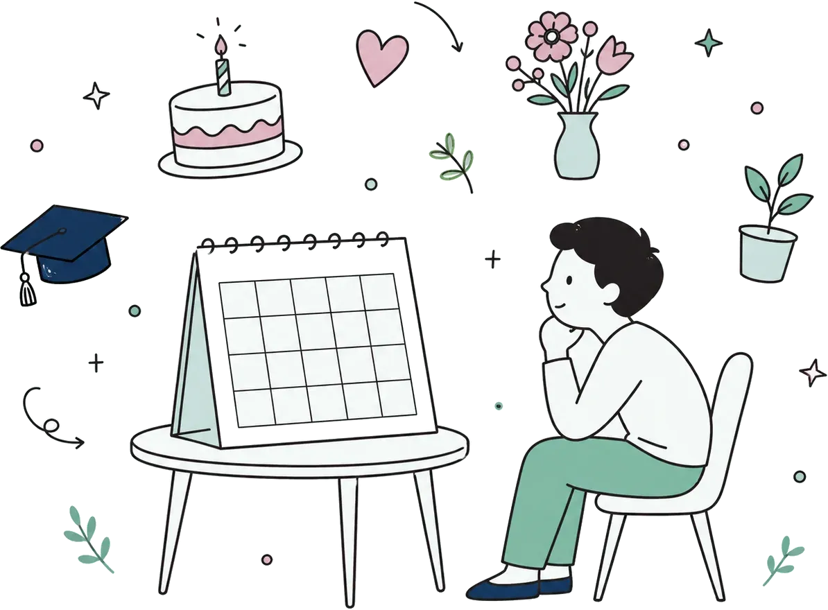 An illustration of a calendar surrounded by drawn symbols of celebration, with a seated figure thinking.