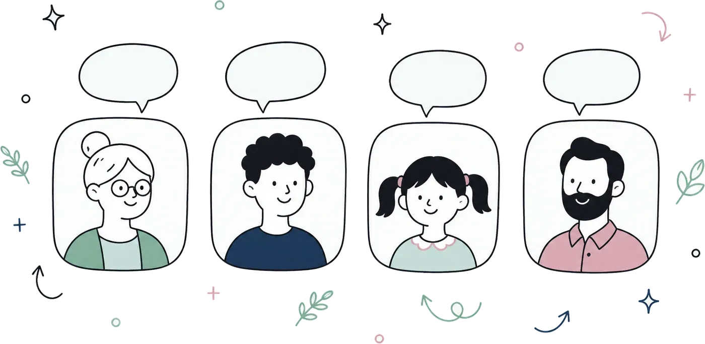 An illustration of four different people shown in separate frames with empty speech bubbles above them.